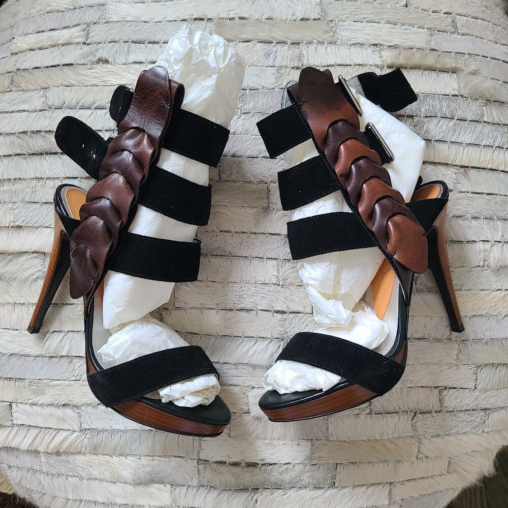Braided Strap Black and Brown Suede High Heel Sandals